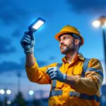 A photograph of a lighting contractor installing a modern led parking lamp in an outdoor setting