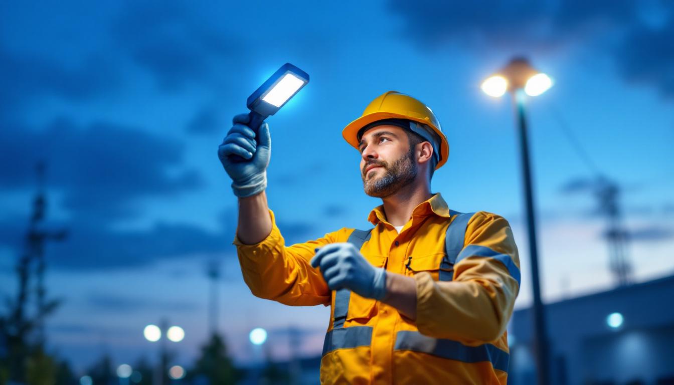 A photograph of a lighting contractor installing a modern led parking lamp in an outdoor setting