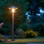 A photograph of a beautifully illuminated backyard featuring a stylish light pole that enhances the outdoor ambiance