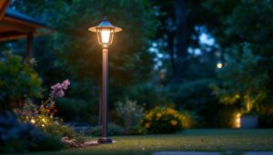 A photograph of a beautifully illuminated backyard featuring a stylish light pole that enhances the outdoor ambiance