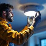 A photograph of a lighting contractor installing or adjusting a sleek