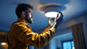 A photograph of a lighting contractor installing or adjusting a sleek