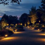 A photograph of a beautifully illuminated outdoor space at dusk