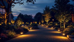 A photograph of a beautifully illuminated outdoor space at dusk