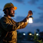 A photograph of a lighting contractor installing a solar lantern in a rural or semi-urban setting
