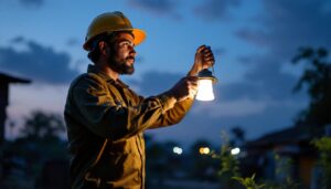 A photograph of a lighting contractor installing a solar lantern in a rural or semi-urban setting