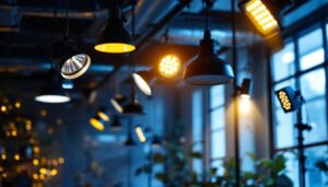 A photograph of a well-lit front-of-house setting showcasing a variety of professional lighting fixtures in use