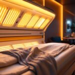 A photograph of a well-lit tanning bed in a stylish salon setting