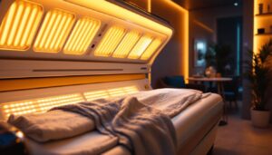 A photograph of a well-lit tanning bed in a stylish salon setting