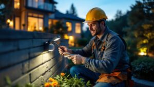A photograph of a lighting contractor installing an led motion sensor outdoor light in a residential setting