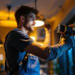 A photograph of a skilled lighting contractor expertly installing or adjusting a modern lighting fixture in a well-lit
