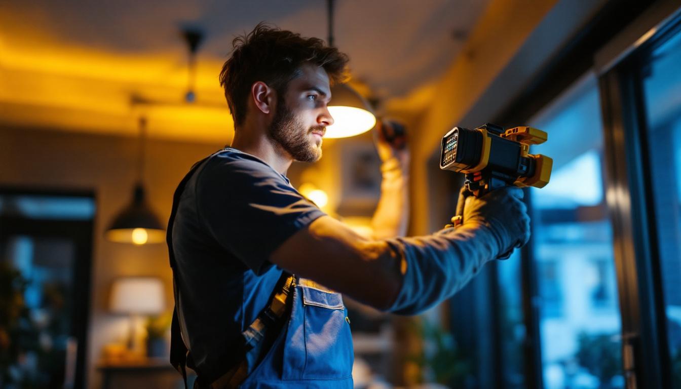 A photograph of a skilled lighting contractor expertly installing or adjusting a modern lighting fixture in a well-lit
