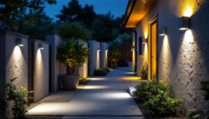 A photograph of a well-lit outdoor space showcasing various styles of led motion lights in use