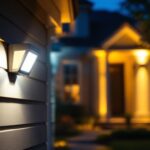 A photograph of a lighting contractor installing outdoor led motion detector lights in a residential setting
