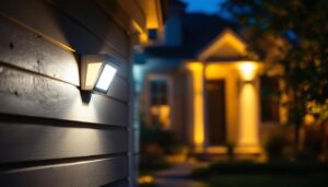 A photograph of a lighting contractor installing outdoor led motion detector lights in a residential setting