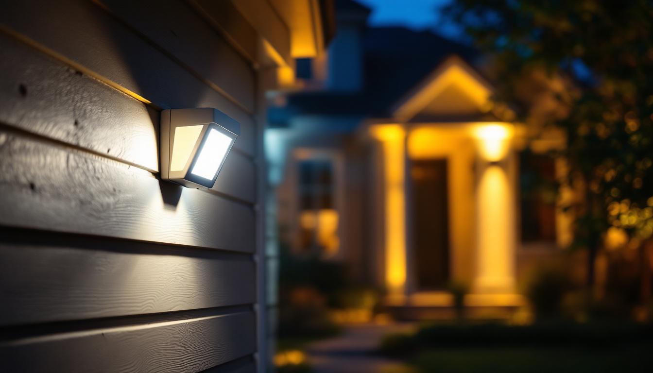 A photograph of a lighting contractor installing outdoor led motion detector lights in a residential setting