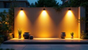 A photograph of a well-lit outdoor space showcasing various lighting setups