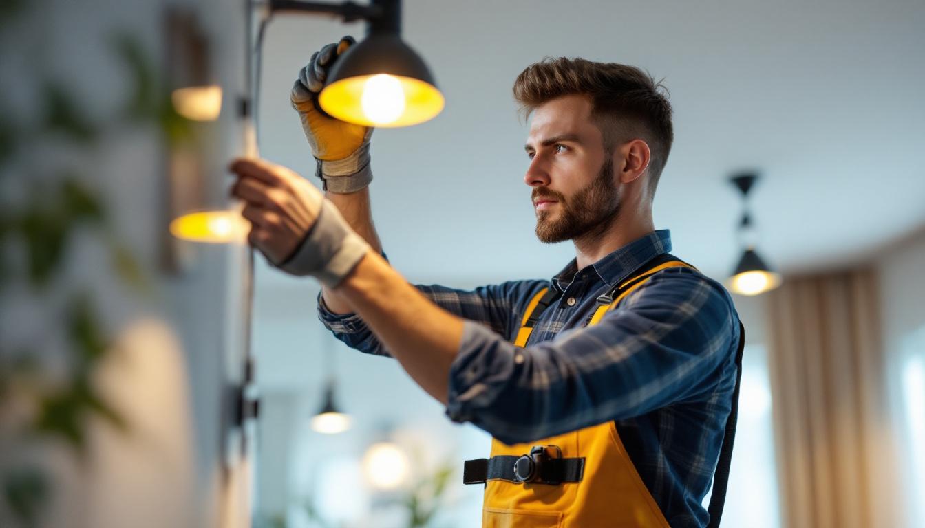 A photograph of a skilled lighting contractor at work