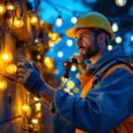 A photograph of a skilled lighting contractor in action