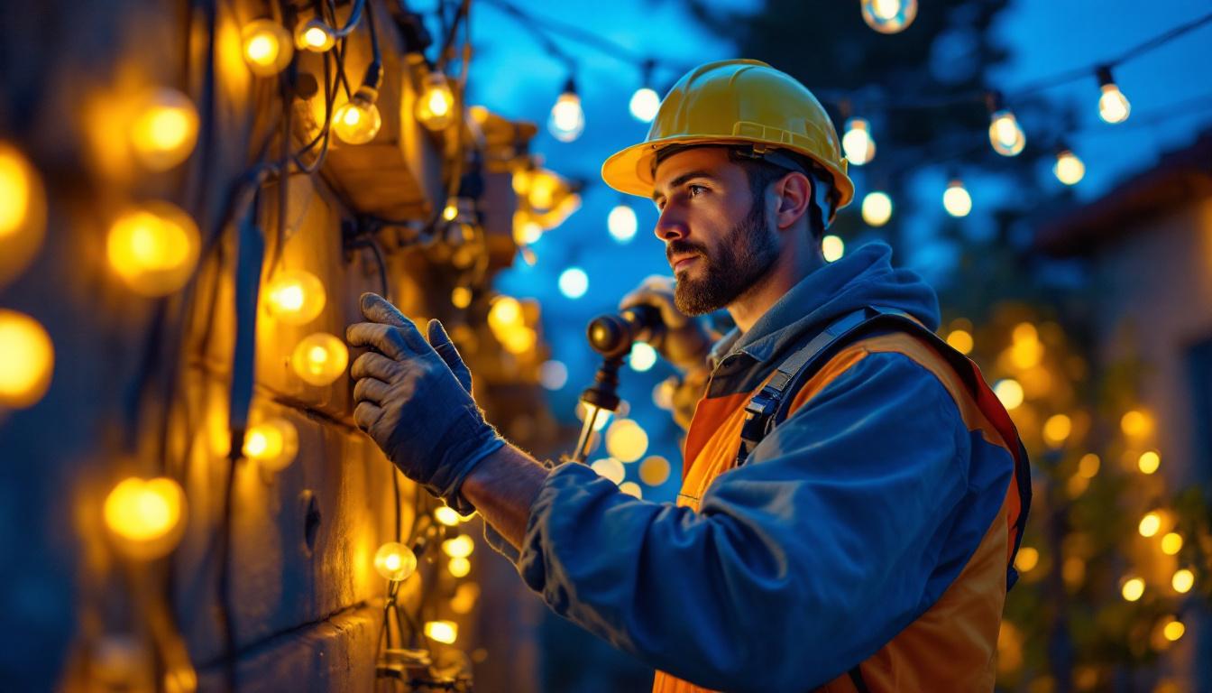 A photograph of a skilled lighting contractor in action