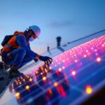 A photograph of a lighting contractor installing or inspecting a solar panel system on a residential rooftop