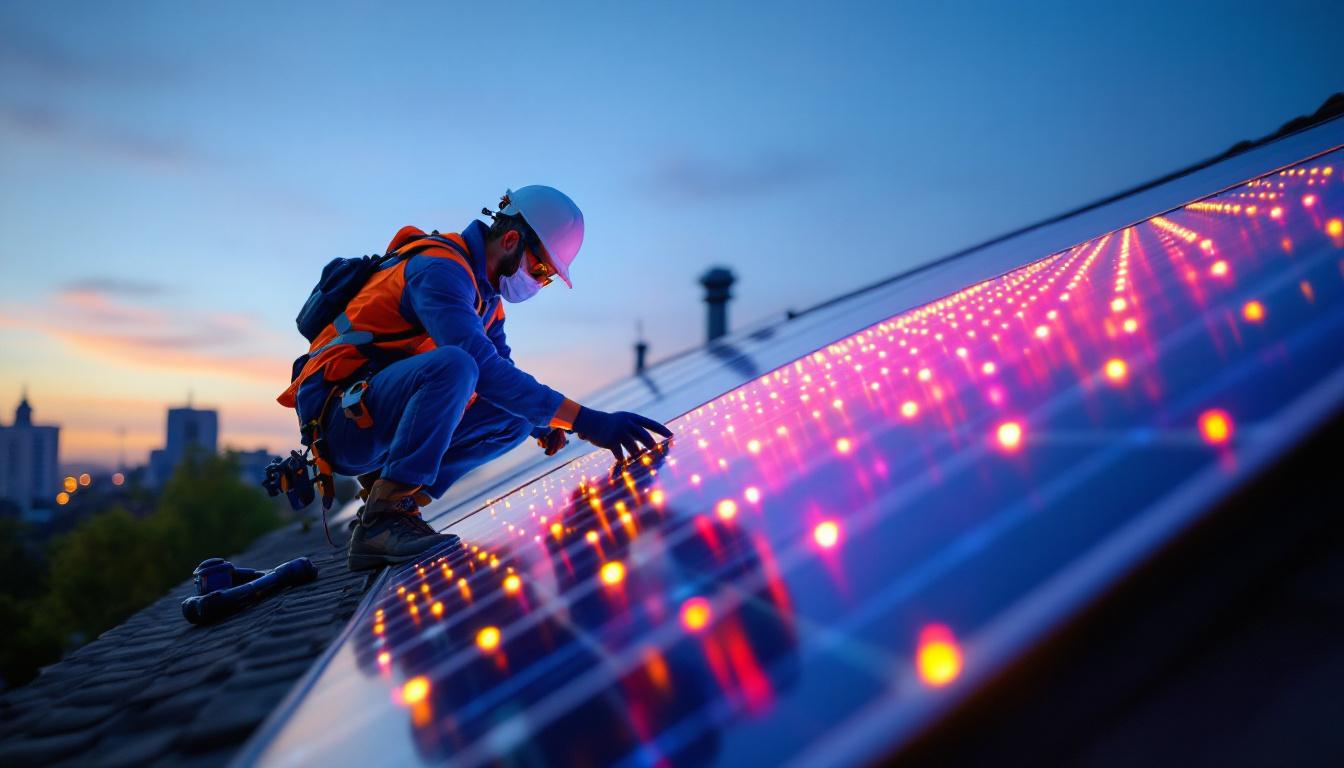 A photograph of a lighting contractor installing or inspecting a solar panel system on a residential rooftop