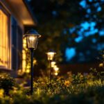 A photograph of a lighting contractor installing solar and battery-powered lights in a residential or commercial outdoor setting