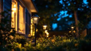 A photograph of a lighting contractor installing solar and battery-powered lights in a residential or commercial outdoor setting