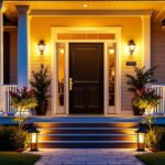 A photograph of a beautifully lit solar front porch with stylish solar lights illuminating the entrance