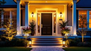 A photograph of a beautifully lit solar front porch with stylish solar lights illuminating the entrance