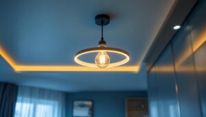 A photograph of a stylish and modern light ceiling fixture installed in a contemporary home setting
