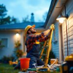 A photograph of a lighting contractor installing an outdoor light fixture in a residential setting