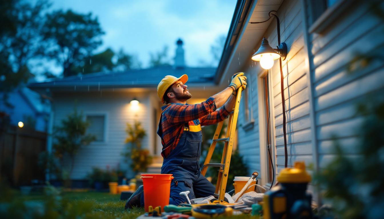 A photograph of a lighting contractor installing an outdoor light fixture in a residential setting