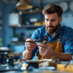 A photograph of a skilled lighting contractor examining various replacement parts for a ceiling fan