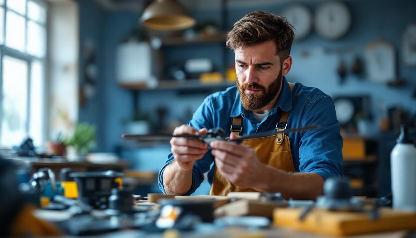 A photograph of a skilled lighting contractor examining various replacement parts for a ceiling fan