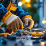 A photograph of a lighting contractor in action