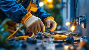 A photograph of a lighting contractor in action
