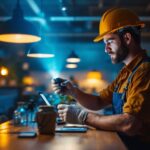 A photograph of a skilled lighting contractor installing innovative lighting solutions in a beautifully lit commercial space