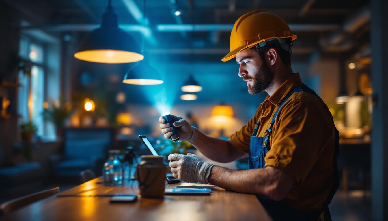 A photograph of a skilled lighting contractor installing innovative lighting solutions in a beautifully lit commercial space