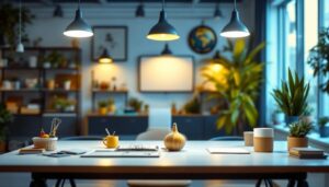 A photograph of capture a photograph of a well-lit workspace featuring t8 4-foot led bulbs installed in various settings