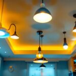 A photograph of a beautifully designed kitchen ceiling featuring a variety of stylish lighting fixtures