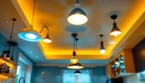 A photograph of a beautifully designed kitchen ceiling featuring a variety of stylish lighting fixtures