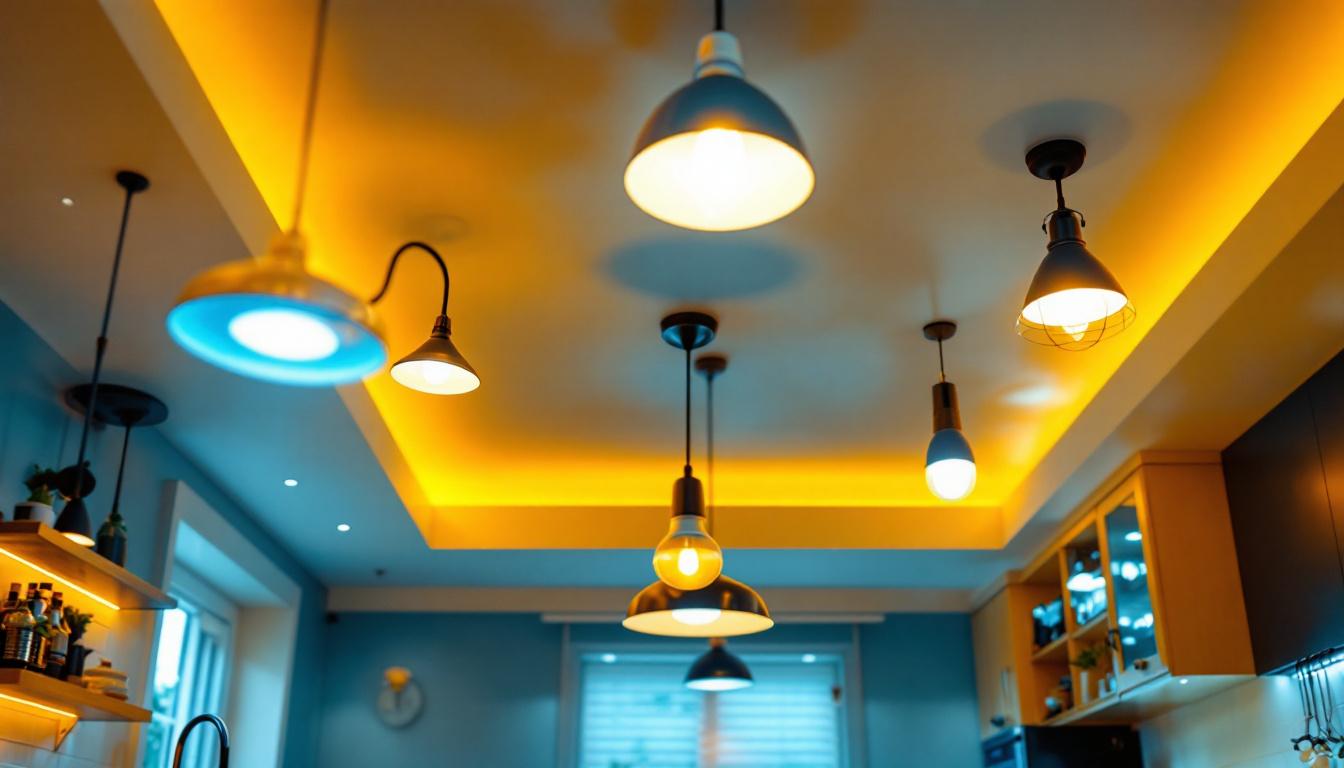 A photograph of a beautifully designed kitchen ceiling featuring a variety of stylish lighting fixtures