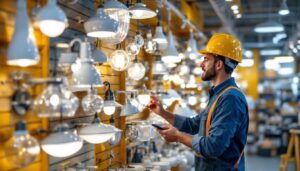 A photograph of a well-organized display of various lighting fixtures in a professional showroom