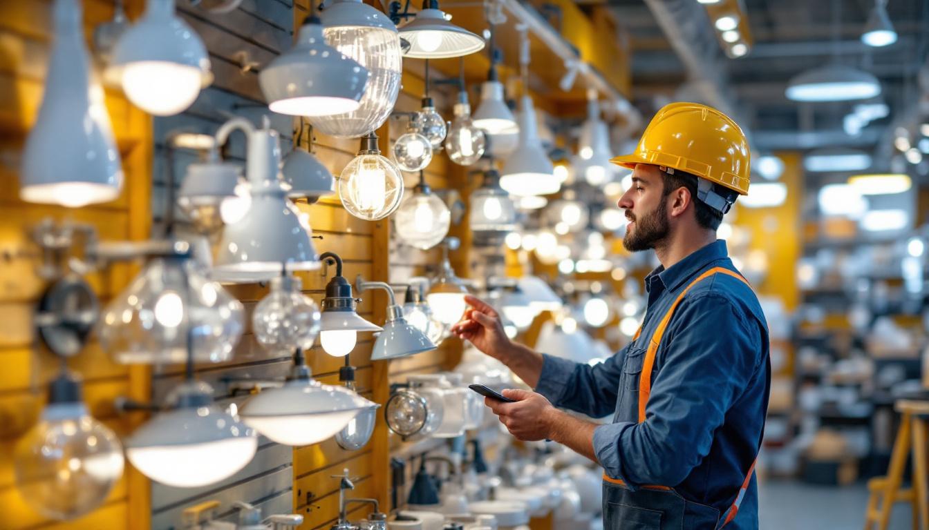 A photograph of a well-organized display of various lighting fixtures in a professional showroom