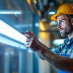 A photograph of a lighting contractor examining or installing led fluorescent replacements in a commercial or residential setting