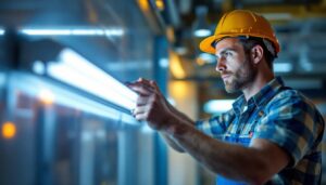 A photograph of a lighting contractor examining or installing led fluorescent replacements in a commercial or residential setting