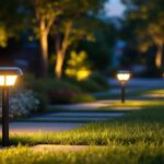 A photograph of a beautifully landscaped outdoor space illuminated by solar ground lights at dusk