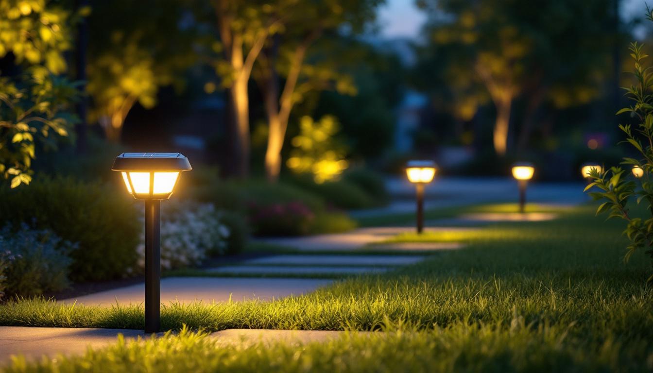 A photograph of a beautifully landscaped outdoor space illuminated by solar ground lights at dusk