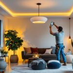 A photograph of a beautifully designed fall ceiling lamp installed in a cozy